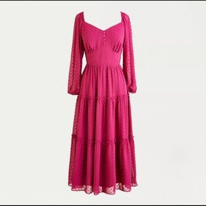 J Crew Tiered long-sleeve midi dress in swiss dot, Dark Berry, NWT 14